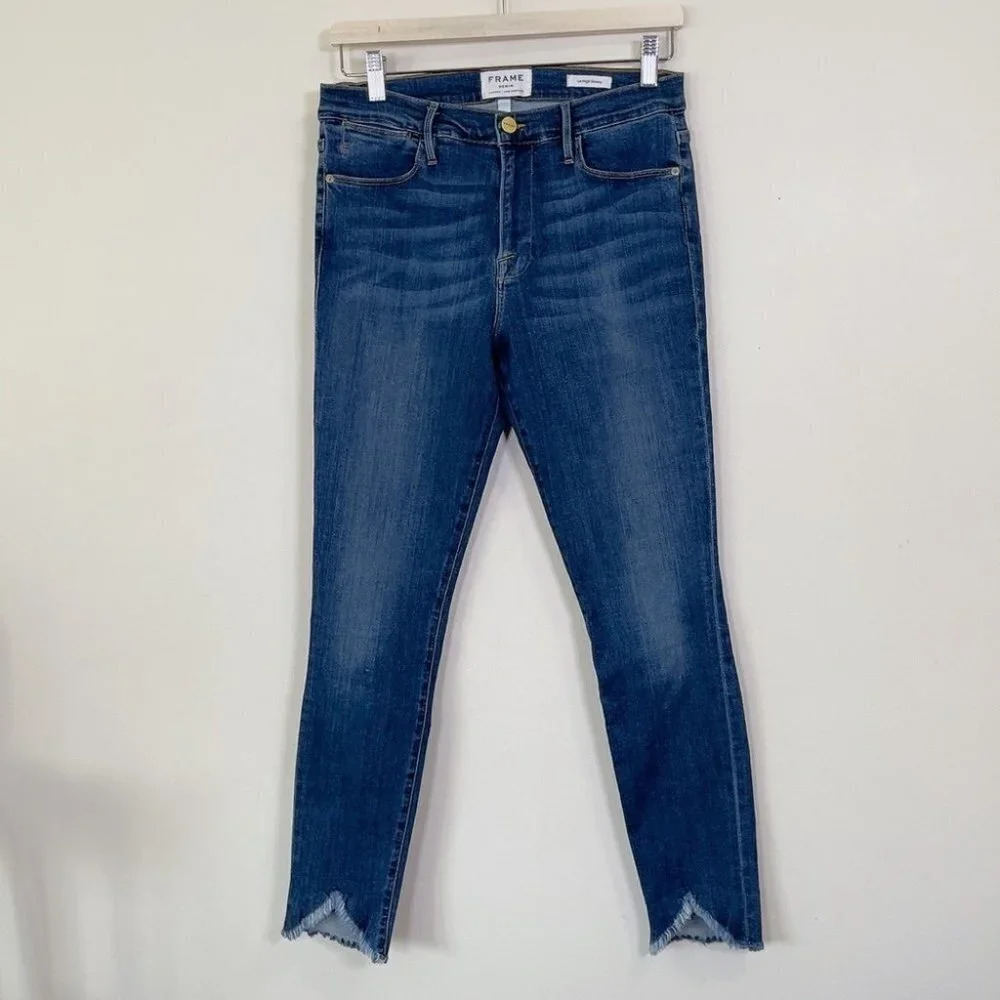 Frame Le High Skinny Medium Wash Chew Hem Jeans - Picture 3 of 12